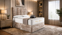 Crushed Velvet Mink - Kensington Grande Luxury Divan Bed – Premium Upholstered Bed Frame with Tall Vertical Panel Headboard