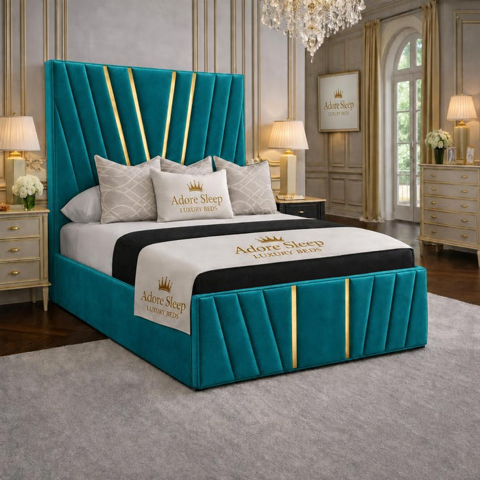 Plush Velvet Teal - Valentina Royale Luxury Upholstered Bed Frame – Statement Winged Headboard, Panelled Footboard
