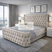 Plush Velvet Beige - Celestine Grandeur Luxury Upholstered Bed – Deep Button Tufted Headboard & Curved Statement Footboard