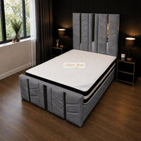 Naples Slate Grey - Chevronne Luxury Chevron Panel Bed – Designer Upholstered Bed Frame with Metallic Inlay Detailing