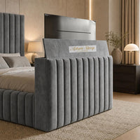 Plush Velvet Grey - Mayfair Luxury Channelled TV Bed – Premium Upholstered Bed Frame with Integrated TV Footboard