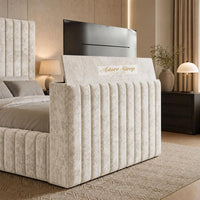 Crushed Velvet Cream - Mayfair Luxury Channelled TV Bed – Premium Upholstered Bed Frame with Integrated TV Footboard