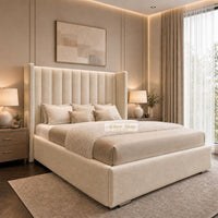 Naples Sand - Harrington Luxury Wingback Bed – Premium Upholstered Bed Frame with Tall Panel Headboard
