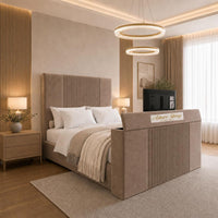 Naples Mink - Knightsbridge Luxury Fluted TV Bed – Designer Upholstered Bed Frame with Integrated TV Footboard