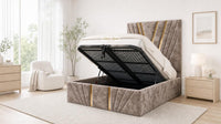 Crushed Velvet Mink - Monaco V-Line Luxury Geometric Ottoman Storage Bed