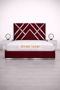 Plush Velvet Maroon - Regal Diamond Luxury Panel Bed Frame with Silver Strip – Upholstered