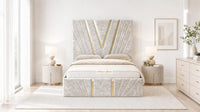 Crushed Velvet Cream - Monaco V-Line Luxury Geometric Ottoman Storage Bed