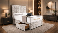 Crushed Velvet Champagne - Kensington Grande Luxury Divan Bed – Premium Upholstered Bed Frame with Tall Vertical Panel Headboard