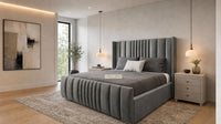 Plush Velvet Grey - Mayfair Luxury Panelled Bed – Premium Upholstered Bed Frame with Statement Headboard & Footboard