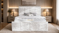 Crushed Velvet White - Valentina Luxury Chevron Panel Bed – Designer Upholstered Bed Frame with Statement Headboard & Footboard