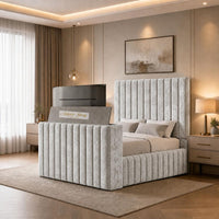 Crushed Velvet White - Mayfair Luxury Channelled TV Bed – Premium Upholstered Bed Frame with Integrated TV Footboard