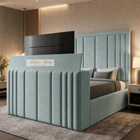 Plush Velvet Duck Egg - Belgravia Luxury TV Bed – Statement Panel Upholstered Bed Frame with TV Footboard
