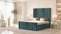 Crushed Velvet Teal - Langham Column Luxury Panelled Ottoman Storage Bed