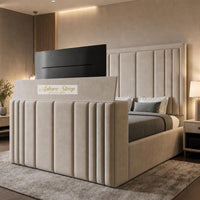 Plush Velvet Beige - Belgravia Luxury TV Bed – Statement Panel Upholstered Bed Frame with TV Footboard