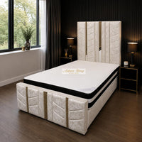 Crushed Velvet Cream - Chevronne Luxury Chevron Panel Bed – Designer Upholstered Bed Frame with Metallic Inlay Detailing