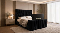 Plush Velvet Black - Solaris Luxury Sunburst TV Bed – Designer Upholstered Bed Frame with Integrated TV Footboard