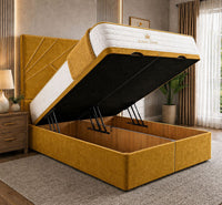 Plush Velvet Mustard Gold - Meridian Abstract Geometry Ottoman Divan Bed | Luxury Hydraulic Storage Bed Frame