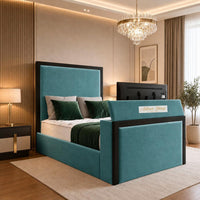 Plush Velvet Teal - Claridge Luxury Framed TV Bed – Premium Upholstered Bed Frame with Integrated TV Footboard