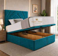 Plush Velvet Teal - Meridian Abstract Geometry Ottoman Divan Bed | Luxury Hydraulic Storage Bed Frame