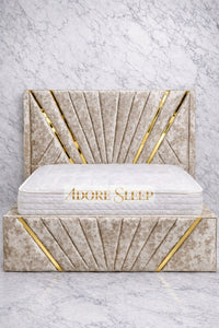 Crushed Velvet Champagne - Bat Luxury Panel Bed Frame with Gold Strip – Upholstered