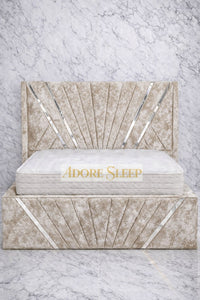 Crushed Velvet Champagne - Bat Radiance Luxury Panel Bed Frame with Silver Strip – Upholstered