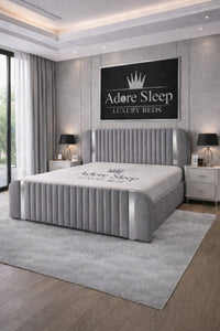 Plush Velvet Steel - Spencer Luxury Curved Fluted Bed Frame with Gold Strip – Upholstered