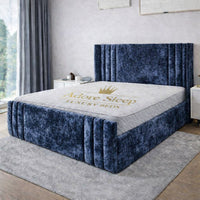 Crushed Velvet Denim Blue - Astoria Luxe Luxury Vertical Panelled Upholstered Bed Frame