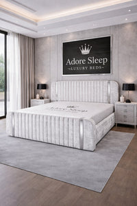 Crushed Velvet White - Spencer Luxury Curved Fluted Bed Frame with Gold Strip – Upholstered