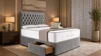 Plush Velvet Steel - Regency Chesterfield Luxe Divan Bed with Storage – Deep Buttoned Upholstered Bed Frame