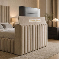 Naples Sand - Mayfair Luxury Channelled TV Bed – Premium Upholstered Bed Frame with Integrated TV Footboard