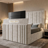 Crushed Velvet Cream - Belgravia Luxury TV Bed – Statement Panel Upholstered Bed Frame with TV Footboard