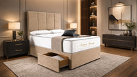 Plush Velvet Beige - Kensington Grande Luxury Divan Bed – Premium Upholstered Bed Frame with Tall Vertical Panel Headboard