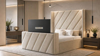 Plush Velvet Beige - Ascot Luxury Diagonal Panel TV Bed – Designer Upholstered Bed Frame with Integrated TV Footboard