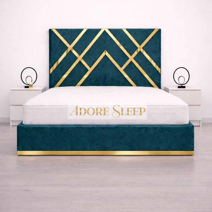 Plush Velvet Teal - Regalia Noir Luxury Upholstered Bed – Geometric Designer Headboard with Metallic Accent Detailing