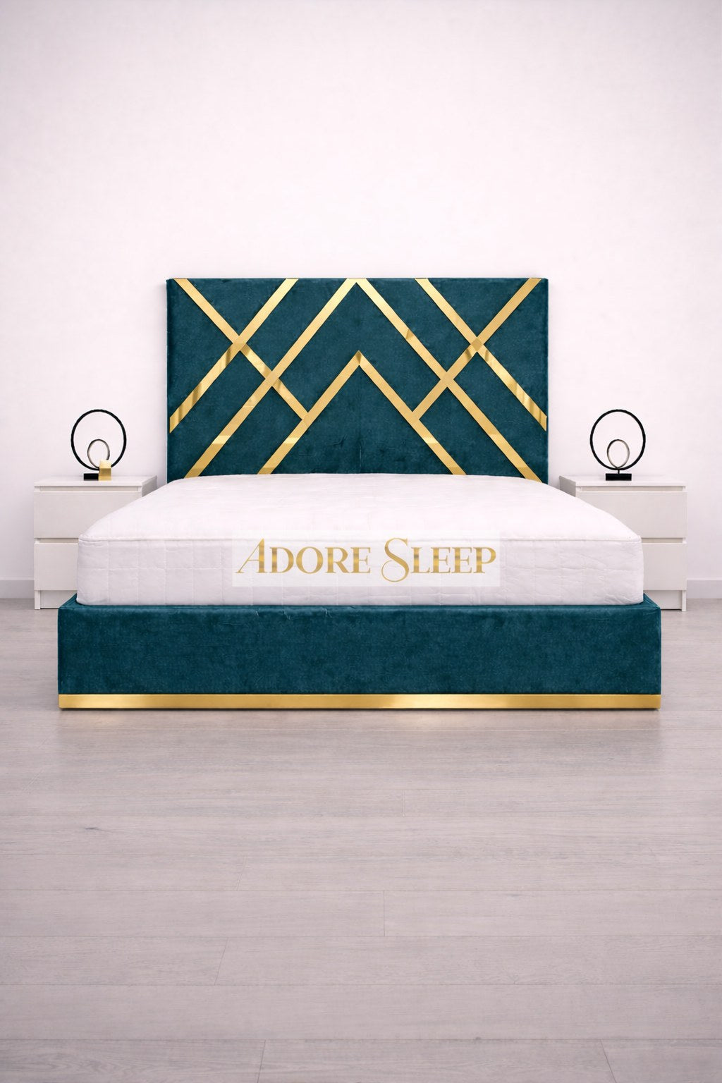 Plush Velvet Teal - Regalia Noir Luxury Upholstered Bed – Geometric Designer Headboard with Metallic Accent Detailing