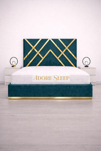 Plush Velvet Teal - Regalia Noir Luxury Upholstered Bed – Geometric Designer Headboard with Metallic Accent Detailing