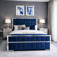 Plush Velvet Sapphire - Aurelius Linear Upholstered Designer Bed | Luxury Gold Frame Statement Bed
