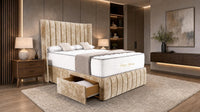 Crushed Velvet Gold - Valentina Vertical Luxe Divan Bed – Channelled Statement Headboard & Storage