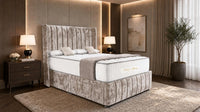Crushed Velvet Mink - Valentina Vertical Luxe Divan Bed – Channelled Statement Headboard & Storage