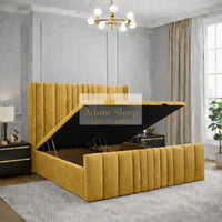Plush Velvet Mustard Gold - Valmont Luxe Ottoman Divan Bed Frame – Luxury Upholstered Storage Bed with Statement Panelled Headboard