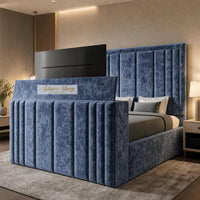 Crushed Velvet Denim Blue - Belgravia Luxury TV Bed – Statement Panel Upholstered Bed Frame with TV Footboard