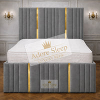 Plush Velvet Grey - Celestine Luxe Vertical Panelled Gold Strip Upholstered Bed Frame | Luxury Statement Bed