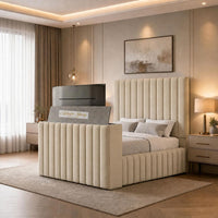 Naples Cream - Mayfair Luxury Channelled TV Bed – Premium Upholstered Bed Frame with Integrated TV Footboard