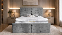 Plush Velvet Steel - Valentina Luxury Chevron Panel Bed – Designer Upholstered Bed Frame with Statement Headboard & Footboard