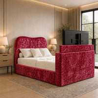 Crushed Velvet Red - Serene Luxury Curved TV Bed – Designer Upholstered Bed Frame with Integrated TV Footboard