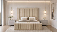 Plush Velvet Beige - Savoy Luxury Panel Bed – Premium Upholstered Bed Frame with Grand Framed Headboard