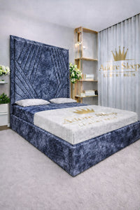 Crushed Velvet Denim Blue - Seraphina Luxe Geometric Upholstered Bed Frame | Luxury Designer Statement Bed