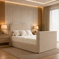Naples Sand - Serene Luxury Curved TV Bed – Designer Upholstered Bed Frame with Integrated TV Footboard