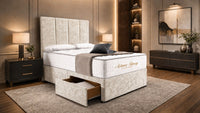 Crushed Velvet Cream - Kensington Grande Luxury Divan Bed – Premium Upholstered Bed Frame with Tall Vertical Panel Headboard