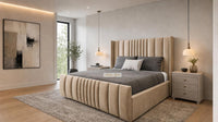 Plush Velvet Beige - Mayfair Luxury Panelled Bed – Premium Upholstered Bed Frame with Statement Headboard & Footboard
